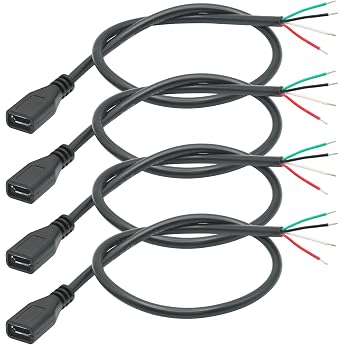 Pack of 4 Short Micro USB Female 4 Pin Bare Wire 11 Inch 24AWG 5V/2A 4 Pin Pigtail Open End Power and Data Cable for USB Devices Installed or Replacement Repair DIY Cable