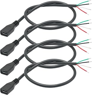 4Pcs Short Micro USB Female 4 Pin Bare Wire 11inch,24AWG USB 5V/2A 4 Pin Pigtail Open End Power and Data Cable,for USB Equipment Installed or Replacement Repair DIY Cable