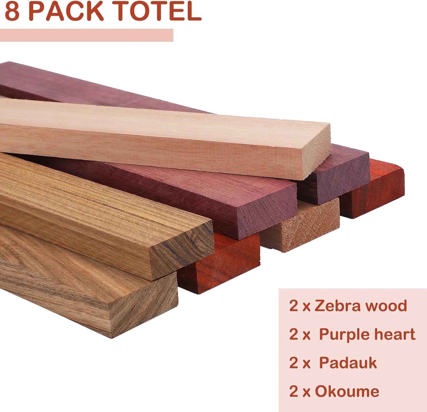 8 Pcs Purpleheart, Zebrawood, Padauk, Okoume Wood Exotic Wood Hardwood Lumber Board 3/4" x 2" x 12" Imported Exotic Hardwood Variety Pack for Craft of Woodworking Cutting Boards Processing