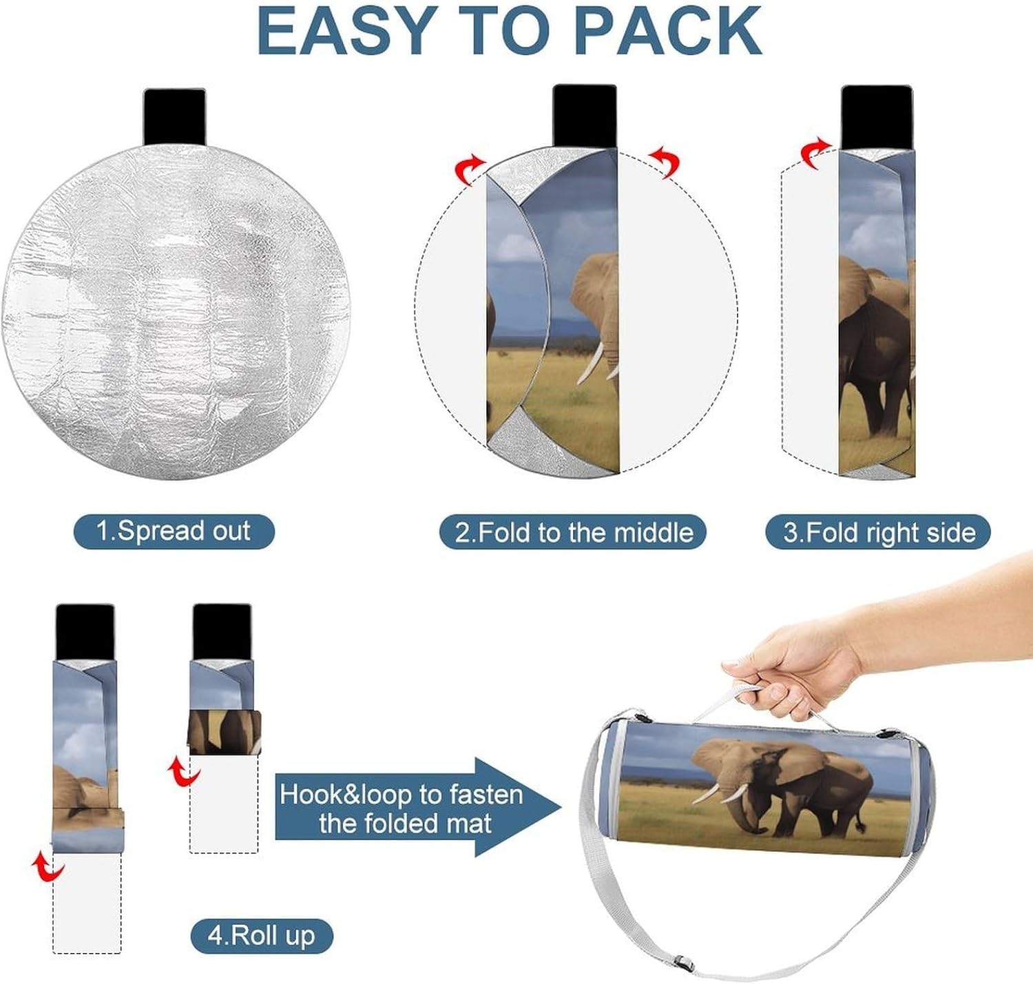 Africa Grassland Elephant Picnic Mat Lightweight Waterproof Picnic Blankets Extra Large Picnic Outdoor Blankets Foldable Sandproof Beach Blanket for Park Beach Camping Courtyard 58.3''x58.3''