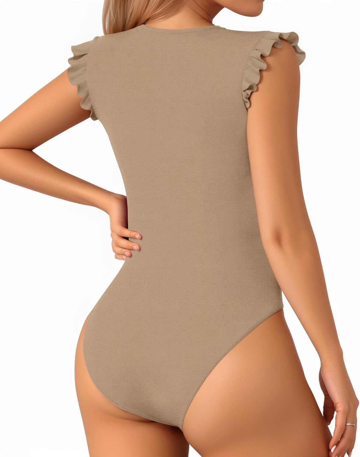 MANGOPOP Women's Body Suits Cute Crew Neck Ruffle Sleeveless Slim Fit Bodysuit Tank Tops Tight Casual Sexy (Mocha,M) - Image 3