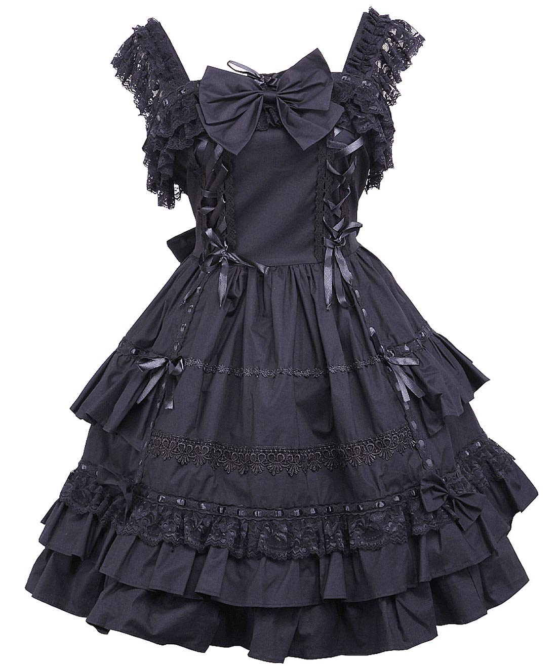 an*tai*na* Antaina Schwarz Baumwolle Rüsche Spitze Flieges Gothic Punk Sexy Knielang Elegant Lolita Cosplay Kleid