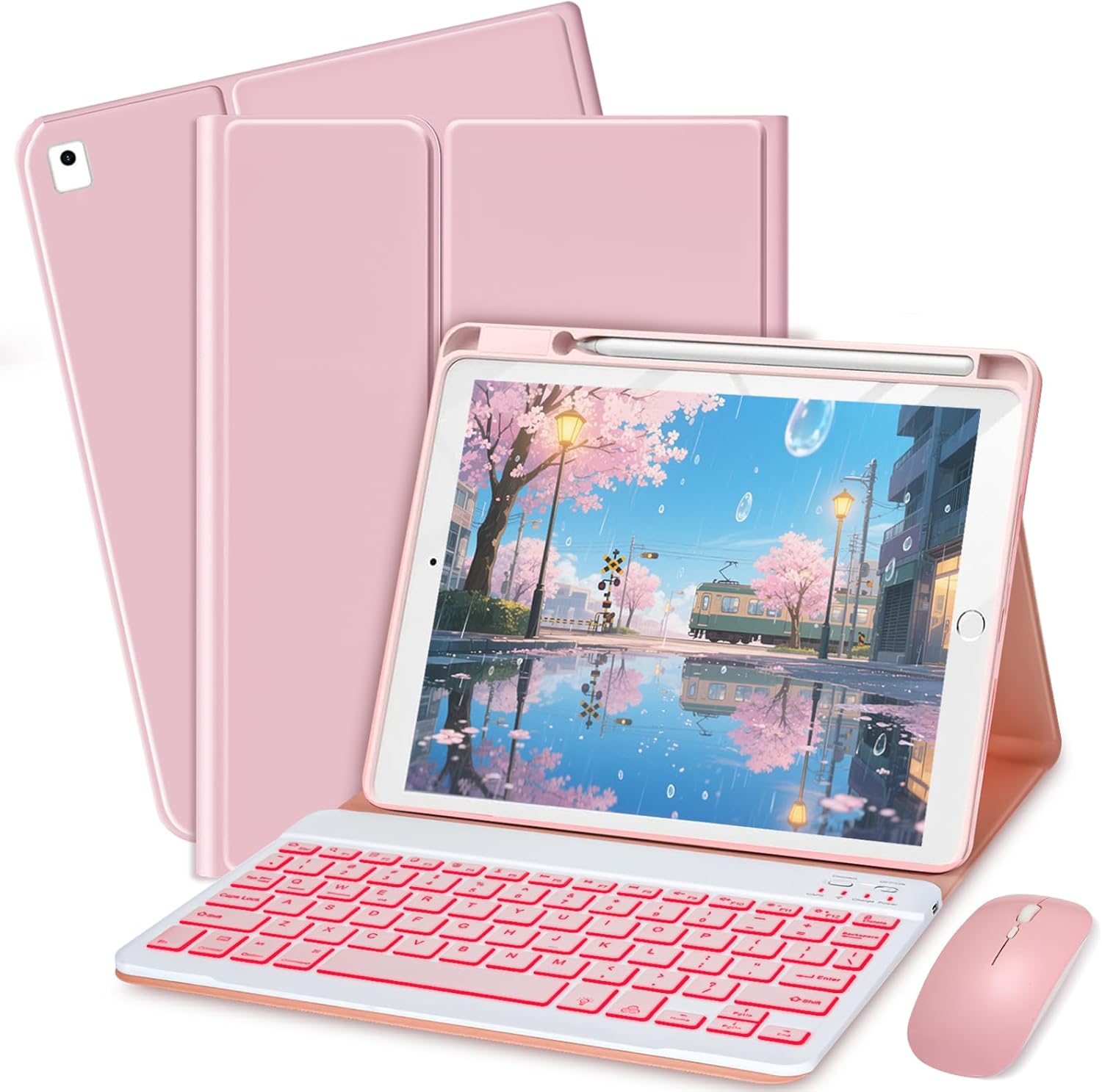 Bxomteng Keyboard Case for iPad 9.7 (6th Gen 2018 / 5th Gen 2017) / Pro 9.7 inch (2016) - 7 Colors Backlit Keyboard Cover and Mouse (Pink)