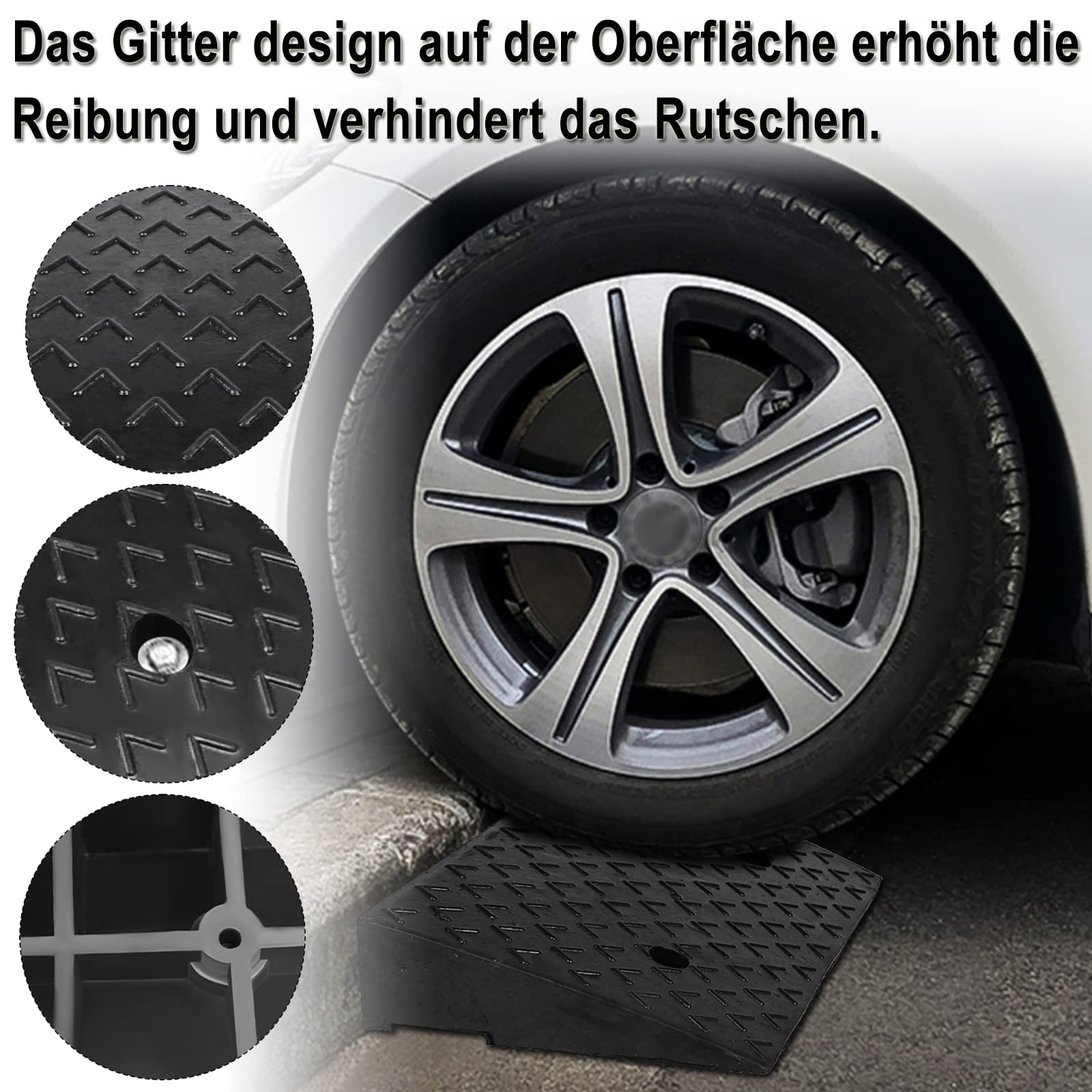2er Set Gummi Bordsteinrampe, 10,5cm Höhe, Schwerlast Rampen für Bordsteinkante, Tragbare Dämpfungsrampe für Auto, Motorrad, Rollstuhl & Rollator, Schwarz
