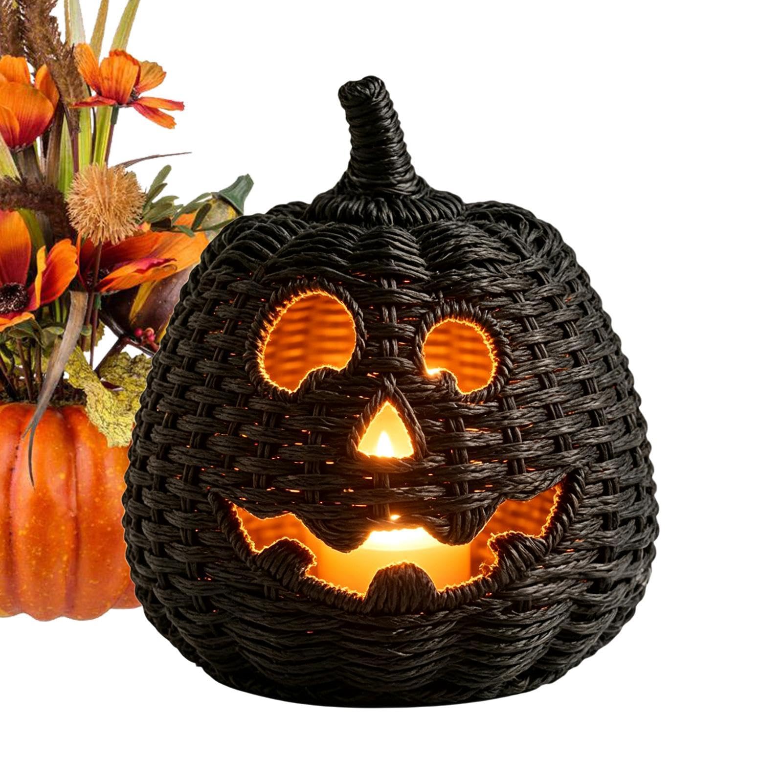 Pleciona dynia Halloween straszna czerń, realistyczna | Halloween kosz z dynią z pokrywką do domu salon stół gzyms kominkowy kominek wejście parapet