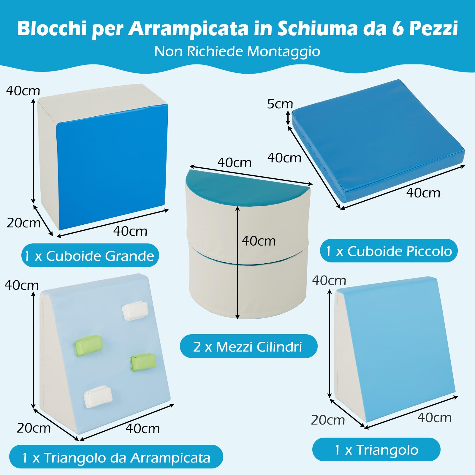 COSTWAY Set di 6 Blocchi di Schiuma per Arrampicata per Bambini 12+ Mesi Blu