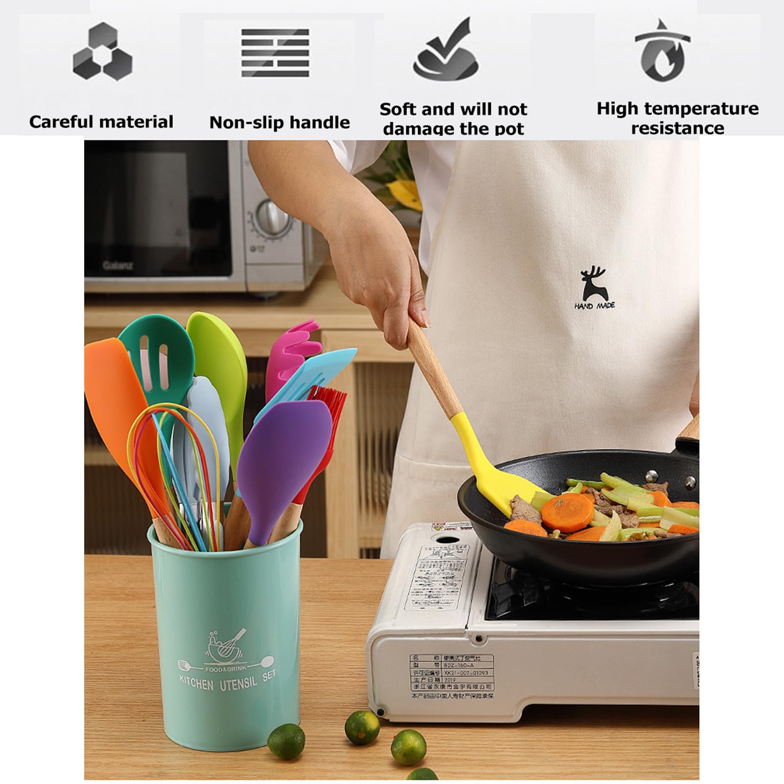 11 Teiliges Küchenhelfer Set, Silikon Kochbesteck Set, Antihaft Hitzebeständig Küchenutensilien Kochgeschirr Set Mit Silikonspatel/Löffel/Wender/Schöpfkelle - Bunt