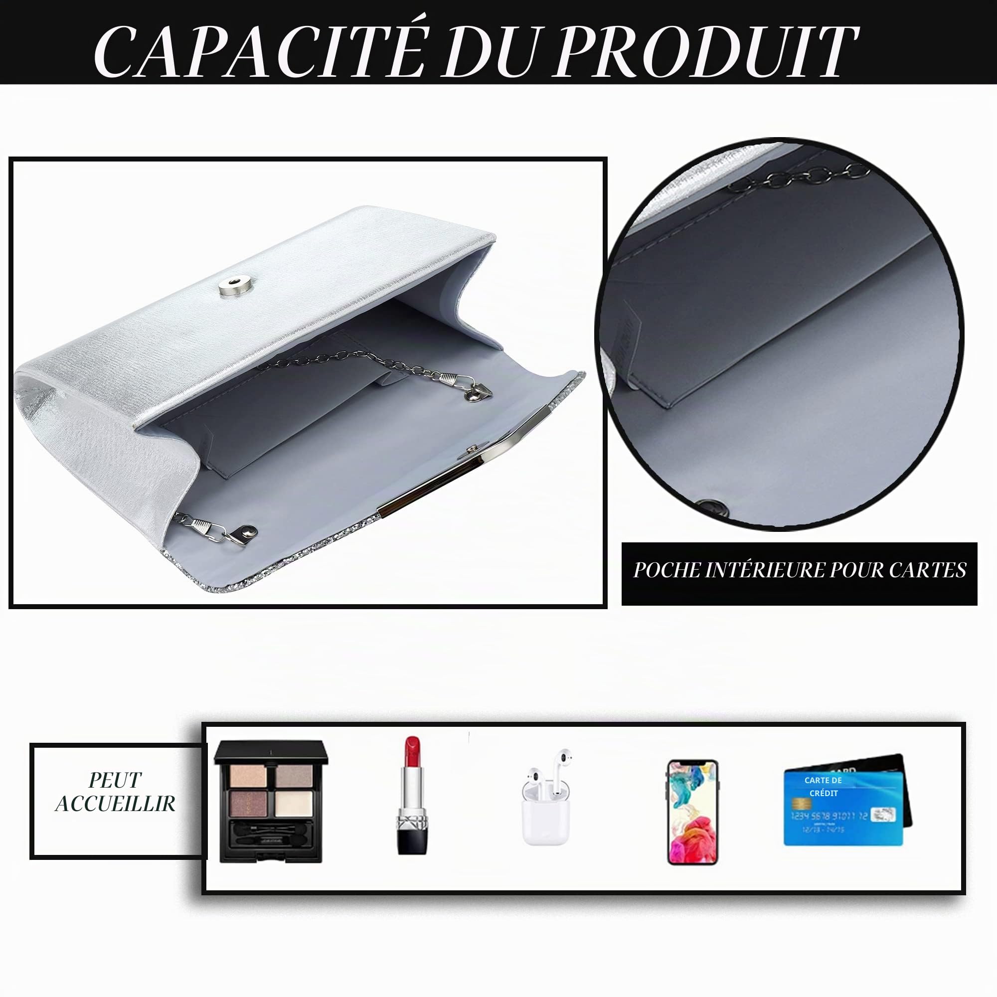 Milky Way Pochette Enveloppe Soirée Sac à Main Mariage En Paillettes Brillan Bandouliere Chic Et Elegant Clutch Argenté Avec Chaîne pour Femme