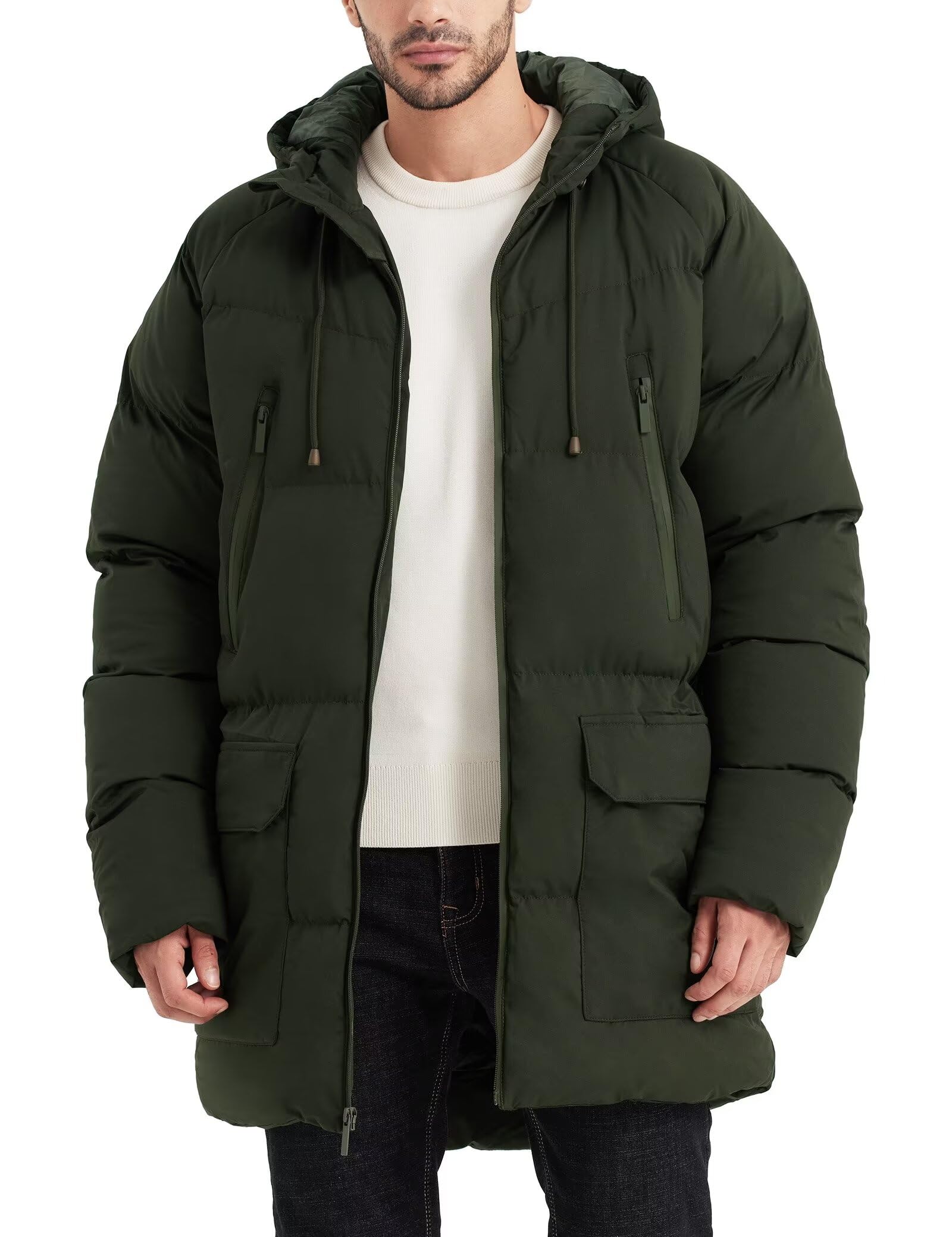 Rejork Men's Long Winter Coat Hooded Warm Quilted Jacket Water-resistant Cold Weather Parka Army Green XL