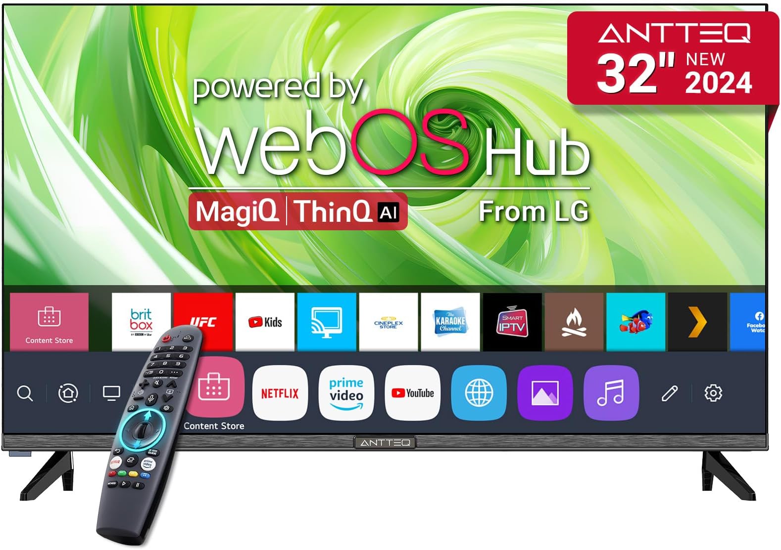 Antteq 32 Inch TV Smart WebOS Televisions MagiQ 32" with ThinQ AI, Voice Magic Remote, Airplay, Apple TV+, Netflix, Freeview, YouTube, WiFi, 2024 Black