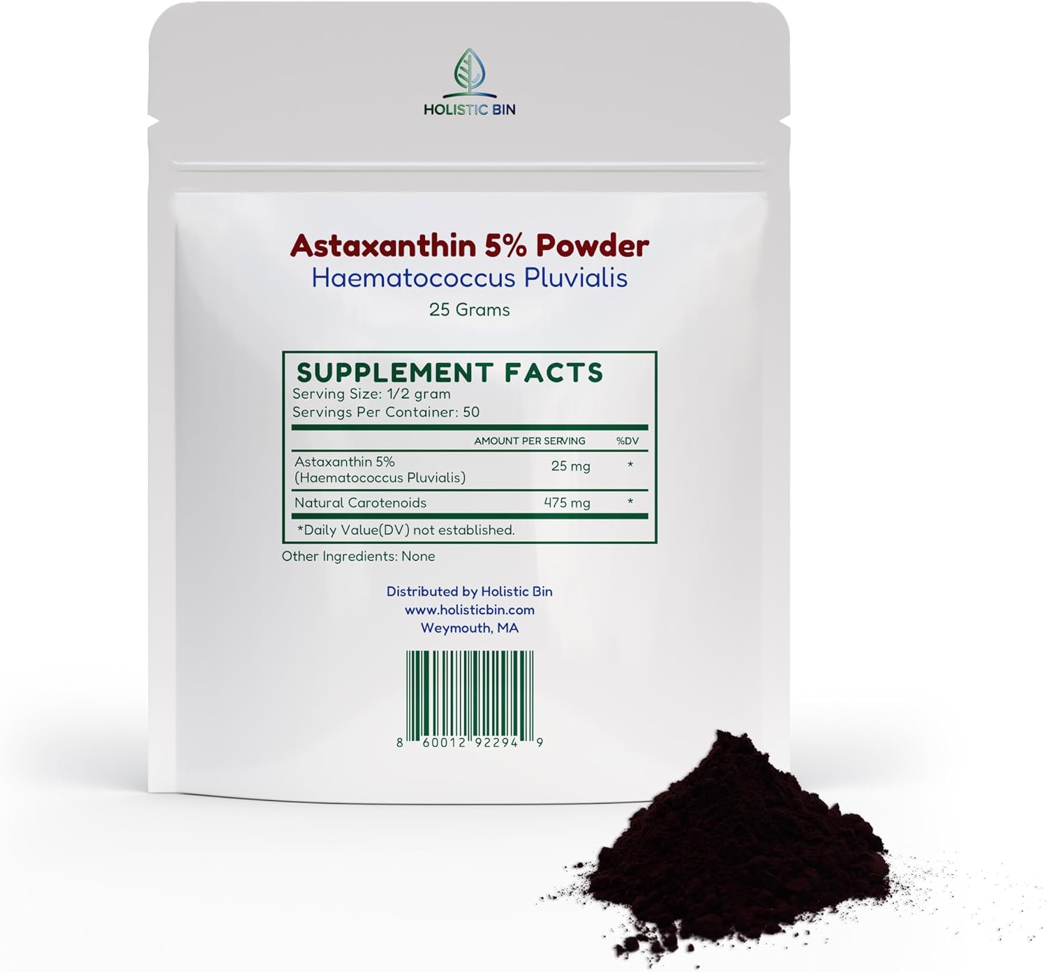 Holistic Bin Pacific Astaxanthin Powder | 5% Haematococcus Pluvialis | Lipid-Soluble Carotenoid for Skin, Eyes & Wellness | Pure, Non-GMO, Vegan | Microalgae Powder For Smoothies, Juices & Soups | 25g