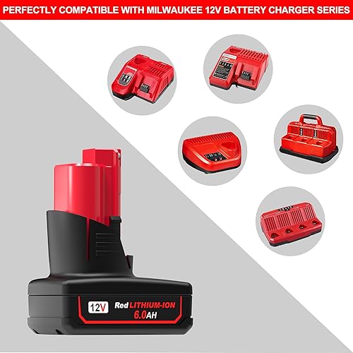 Miniatura 4 de 2 paquetes de 12 voltios y 6.0 Ah de repuesto para batería de iones de litio Milwaukee M12, compatible con todos los cargadores de batería Milwaukee