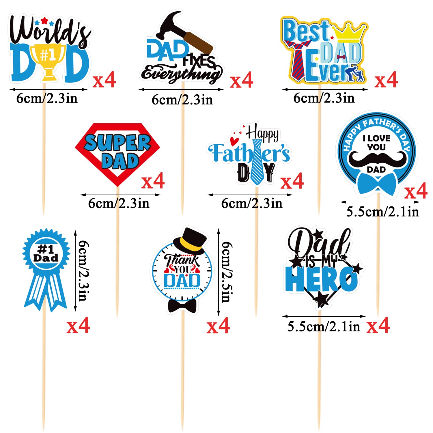 CAVLA 36 Pieces Cupcake Toppers for Father's Day Best Dad Ever Super Dad Thank You Dad Dad is My Hero Cupcake Picks for Fathers Day with Tie Hat Cupcake Decorations for Father's Day Dad's Day