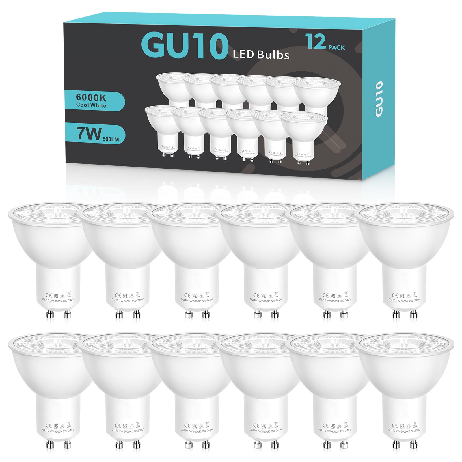 GU10 LED Bulbs, Cool White 6000K LED Light Bulbs,7W 500lm Energy Saving GU10 Bulbs,50W Halogen Spotlight Equivalent,38° Beam Angle, Non-Dimmable, for Home Lighting Decor 12 Packs