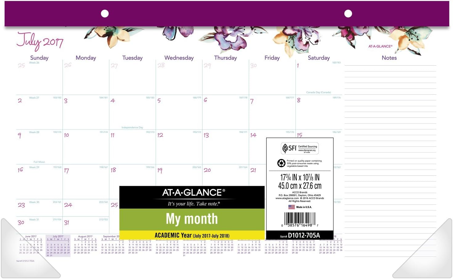 AT-A-GLANCE Academic Desk Pad Calendar, July 2017 - July 2018, 17-3/4" x 10-7/8", Compact, June (D1012-705A) : Office Products