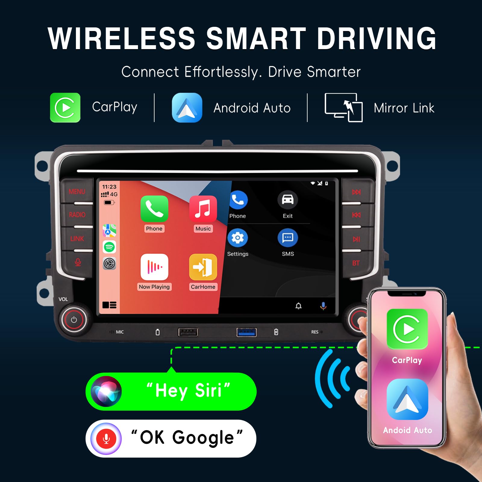 RCD330 Upgrade Autoradio für VW Golf MK5 MK6 Jetta Passat Caddy Beetle, Wireless CarPlay & Android Auto, Linux Autoradio mit Physischem Lautstärkeregler, AM/FM/RDS, Bluetooth, Schnellstart, Plug &Play