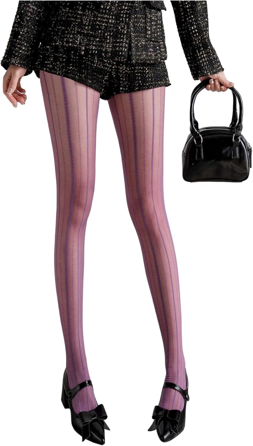 Milumia Women's Striped Pattern Lace Tights Sexy Sheer Mesh Pantyhose Stockings