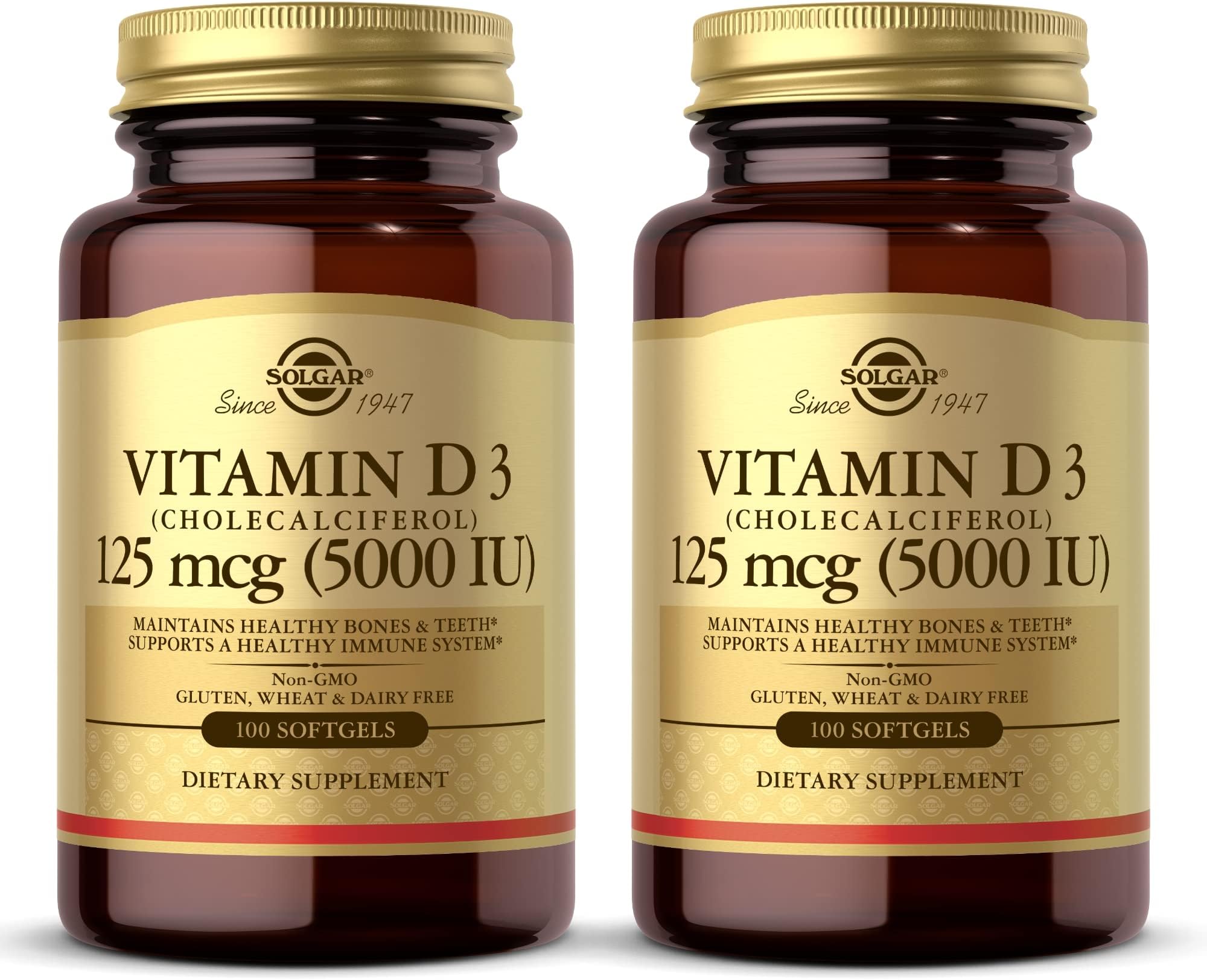 Vitamin D3 (Cholecalciferol) 10 mcg (400 IU) - 100 Softgels, Pack of 2 - Helps Maintain Healthy Bones & Teeth - Immune System Support - Non-GMO, Gluten Free, Dairy Free - 200 Total Servings