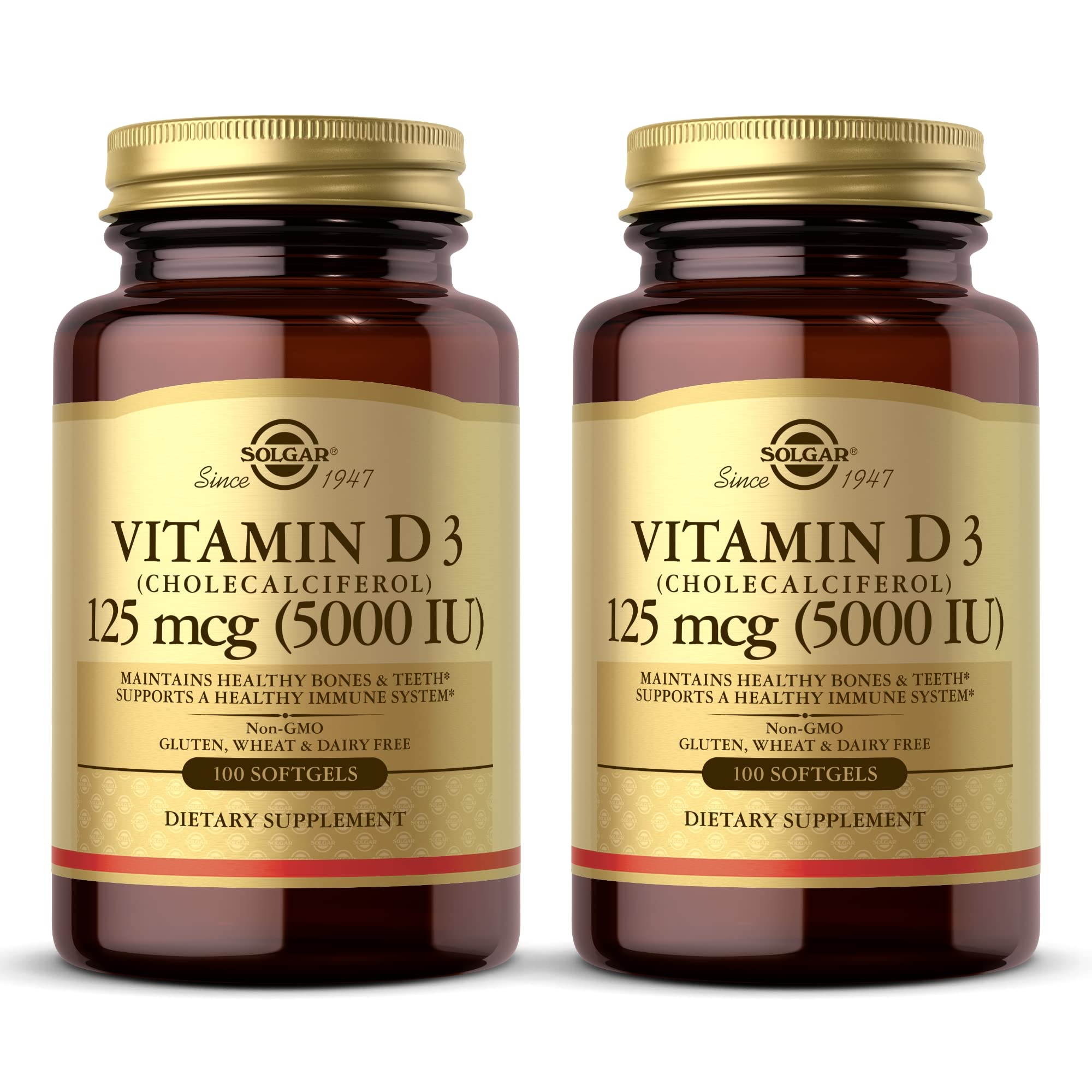 Solgar Vitamin D3 (Cholecalciferol) 10 mcg (400 IU) - 100 Softgels, Pack of 2 - Helps Maintain Healthy Bones & Teeth - Immune System Support - Non-GMO, Gluten Free, Dairy Free - 200 Total Servings
