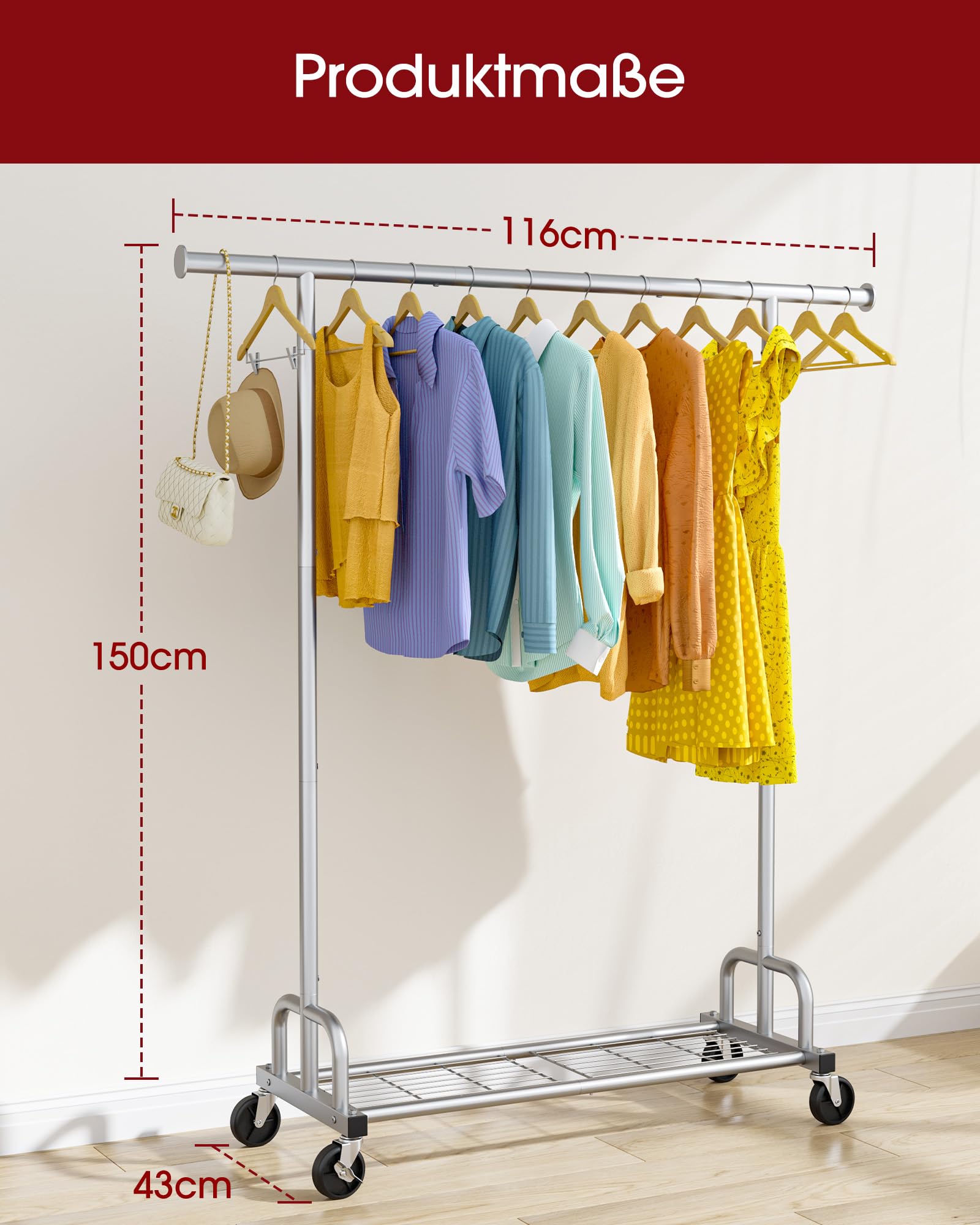 Sakugi Kleiderständer auf Rollen auf rädern – ein komponiertes Kleidungsstück mit Gitterablage & breiter Kleiderstange, ideal für Schlafzimmer, Wäscheraum, Eingangsbereich, 116 x 43 x 150 cm, Silber