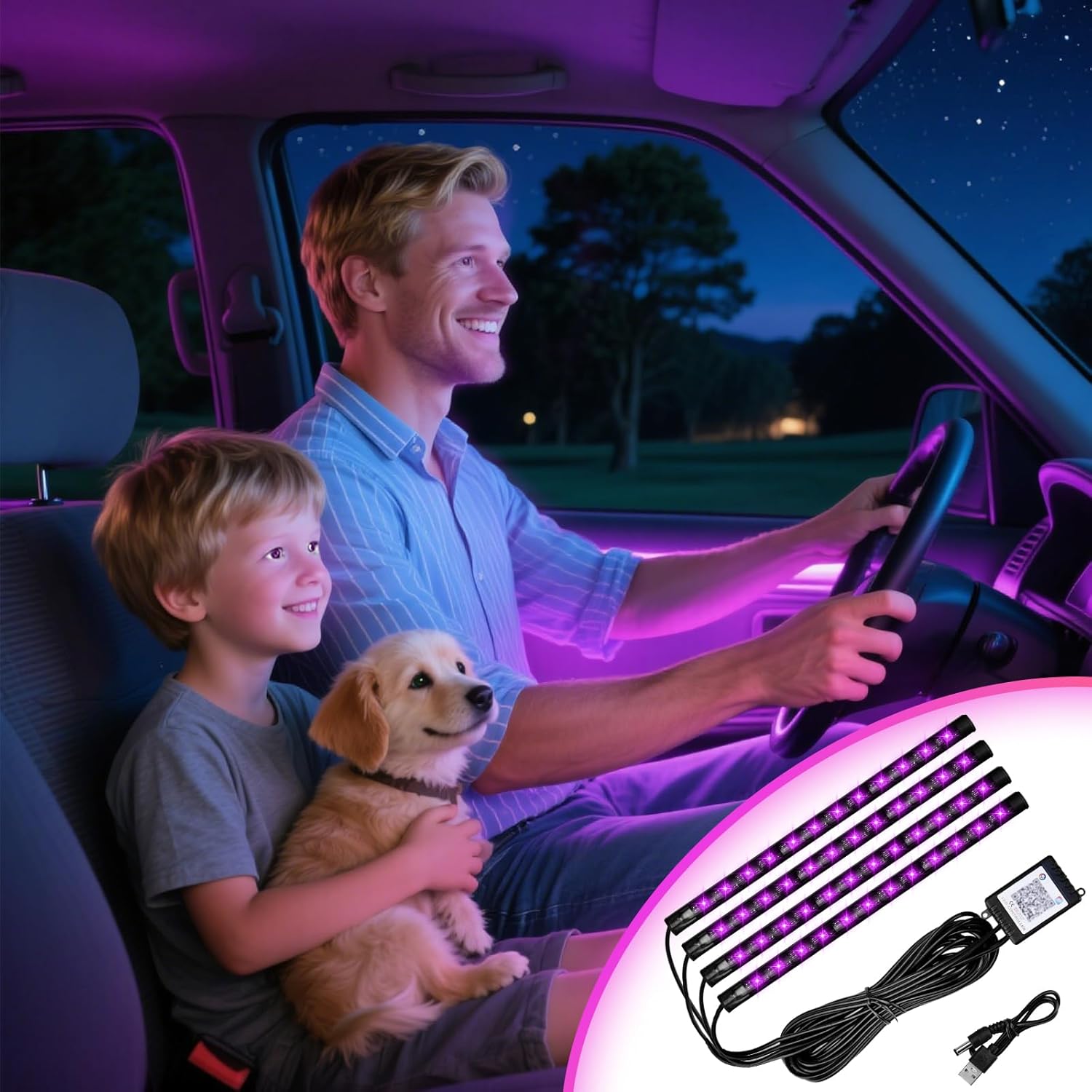 LED Strip Lights for Cars, 4Pcs Automotive Atmosphere Lights with USB Port, Music Sync, APP Control and DIY Mode, 8 Colors Sticked LED Lights for Car Accessories Interior for SUV Truck Car Decor