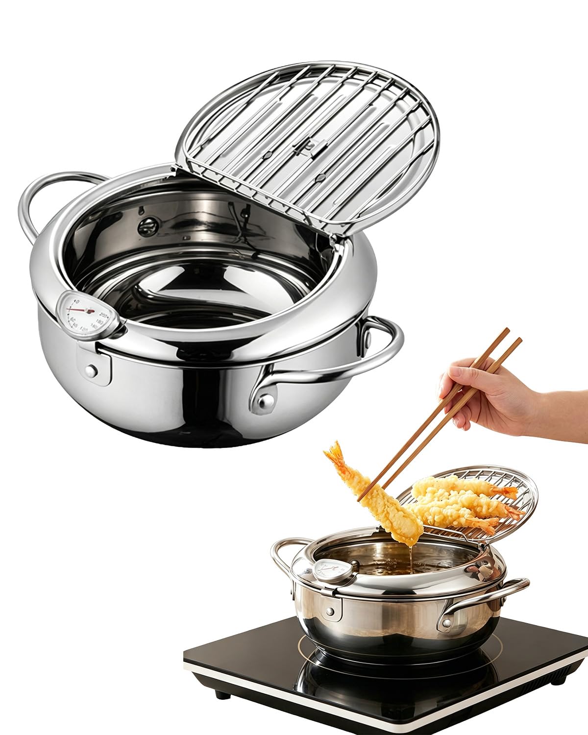 Deep Fryer Pot, Stainless Steel Tempura Frying Pot with Thermometer,7.9" | 304 Stainless…
