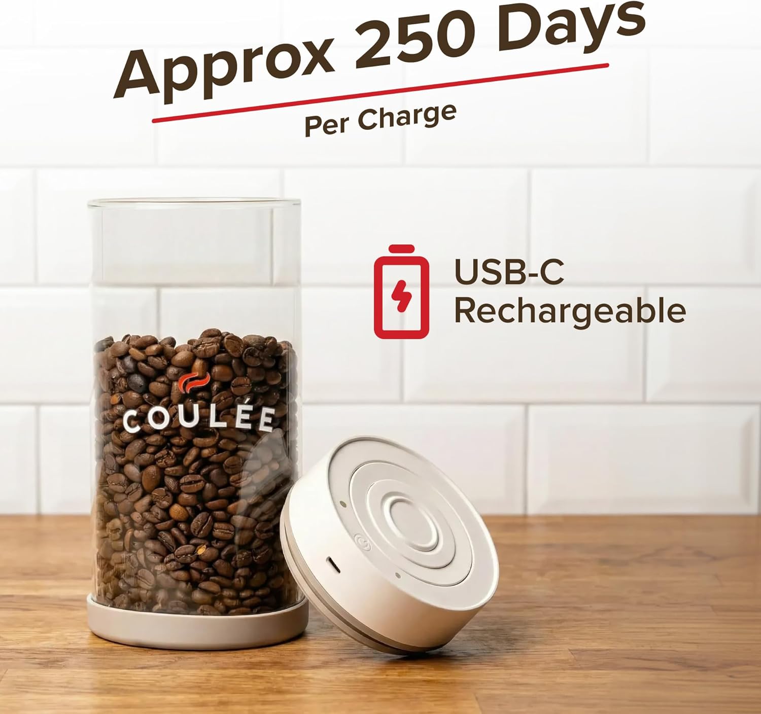 Coffee Rechargeable Vacuum Glass Canister, Kitchen Appliances, Store Coffee, Tea, or Pantry Items, Home Essentials, Kitchen Food Organizer, Food Container, USB Charger, 1.35L Capacity