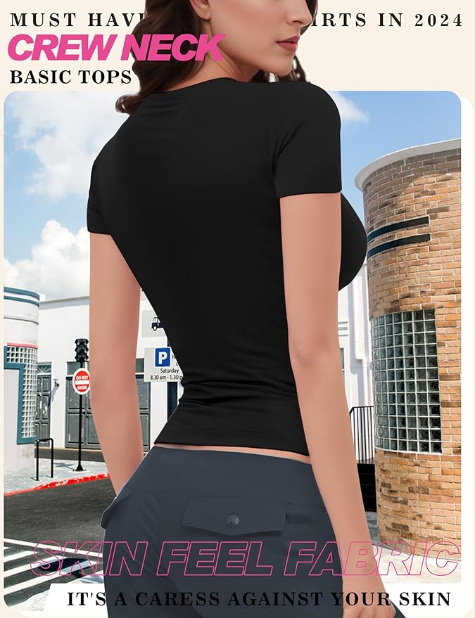 Womens Basic Short Sleeve Crew Neck T Shirt Slim Fit Tees Summer 2025 Y2k Going Out Fitted Top Cute Tight Shirts