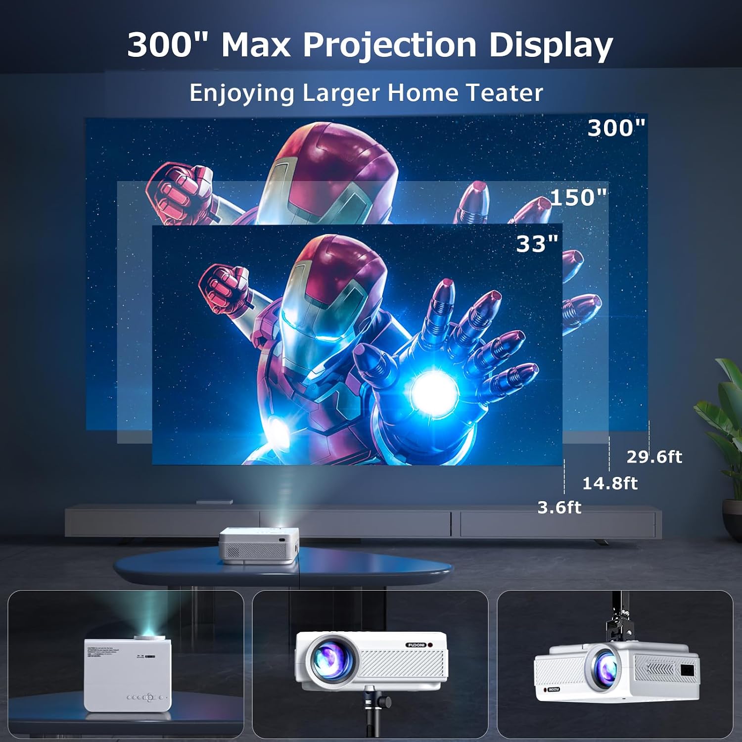 FUDONI Native 1080P WiFi Bluetooth Projector, Built-in Speaker, Portable, Max 300 Inch Screen, HDMI USB AV TF VGA Compatible