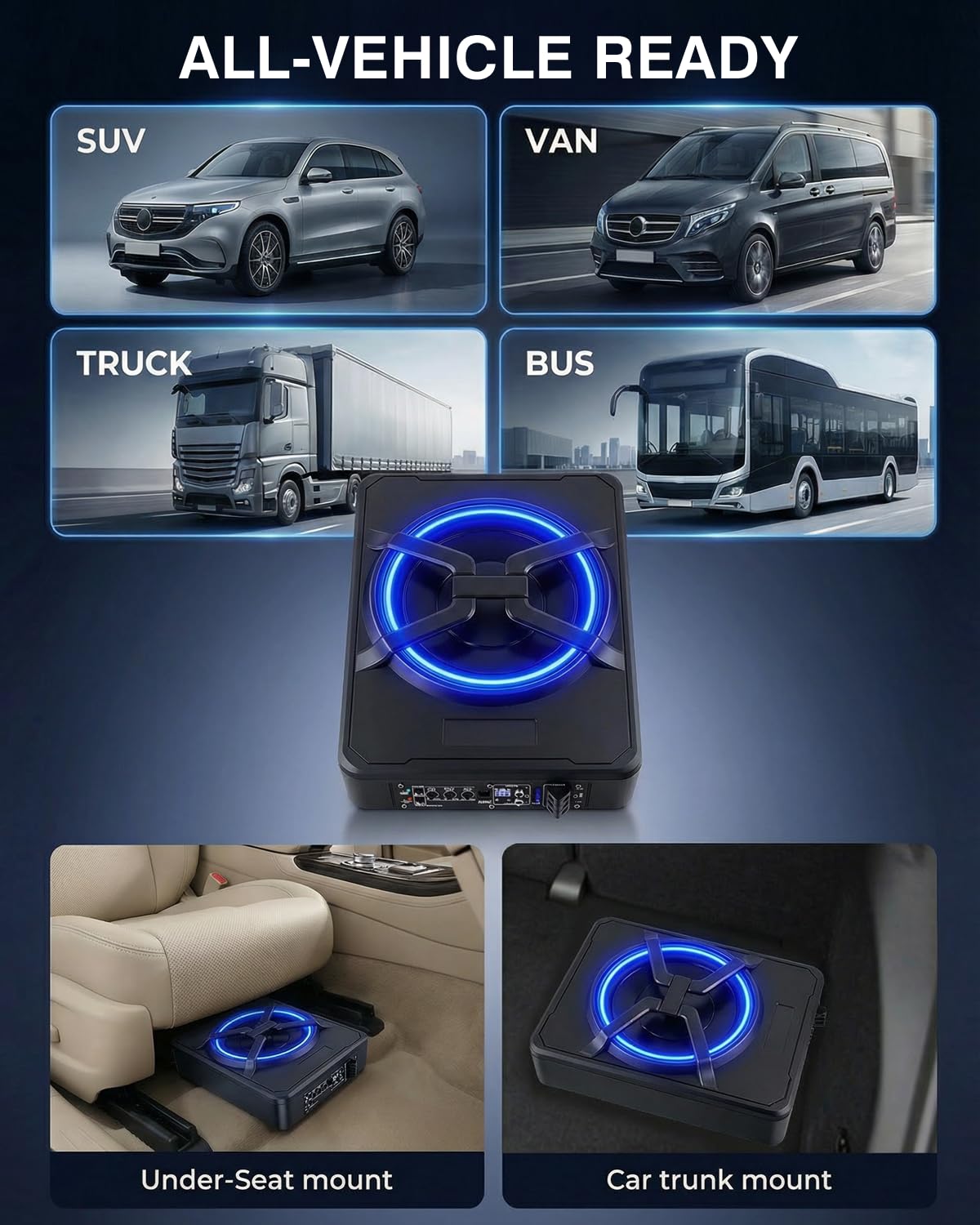 Subwoofer attivo per auto, si adatta sotto i sedili, potenza massima 1200 W, 10 pollici, con illuminazione ambientale, modulo amplificatore integrato, subwoofer compatto e potente.