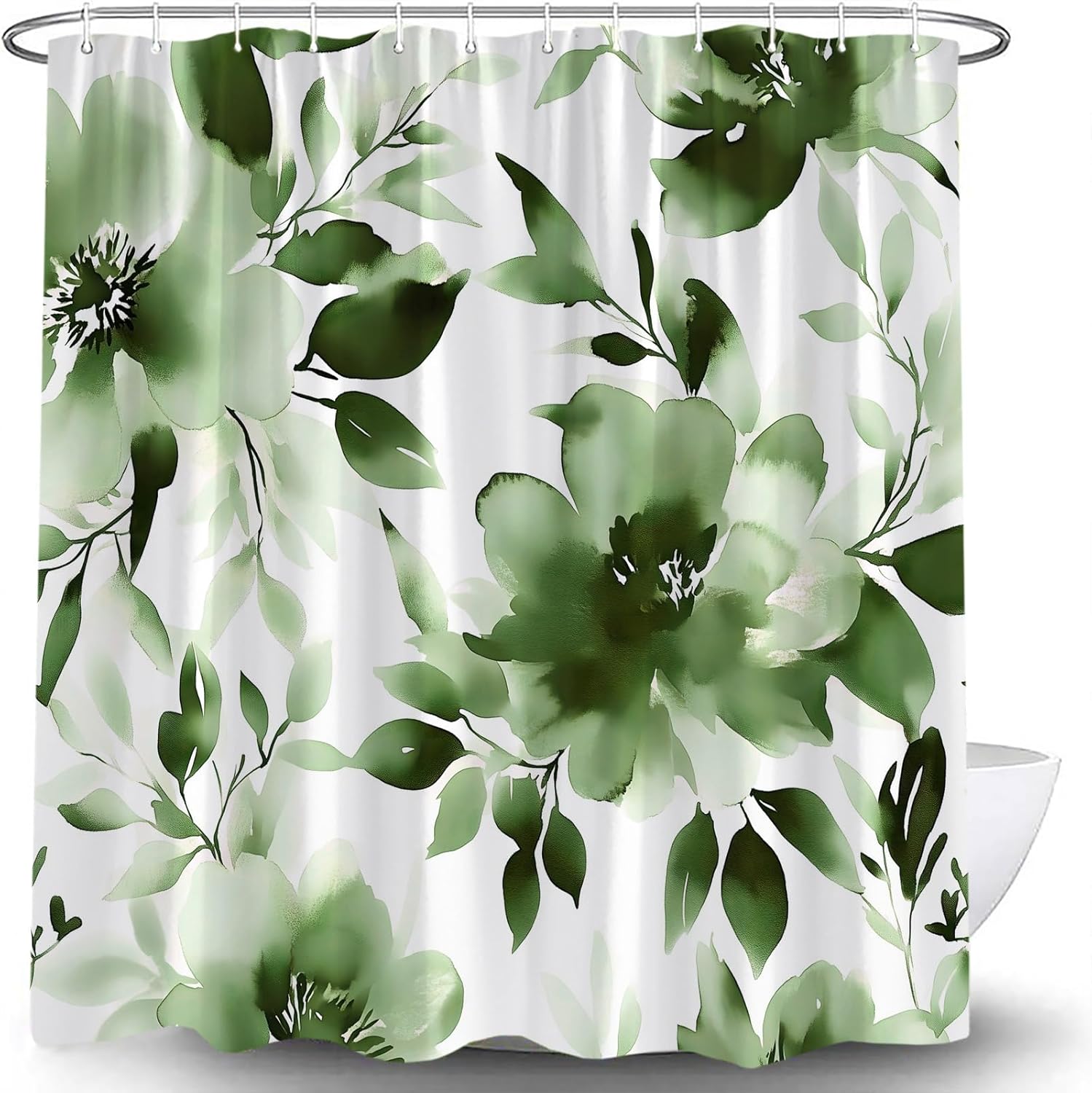Sage Green Floral Shower Curtain Modern Watercolor Flower Leaves Plant Abstract Ink Blossom Flower Cute Boho Spring Funky Trendy Fabric Bath Curtain with Hook