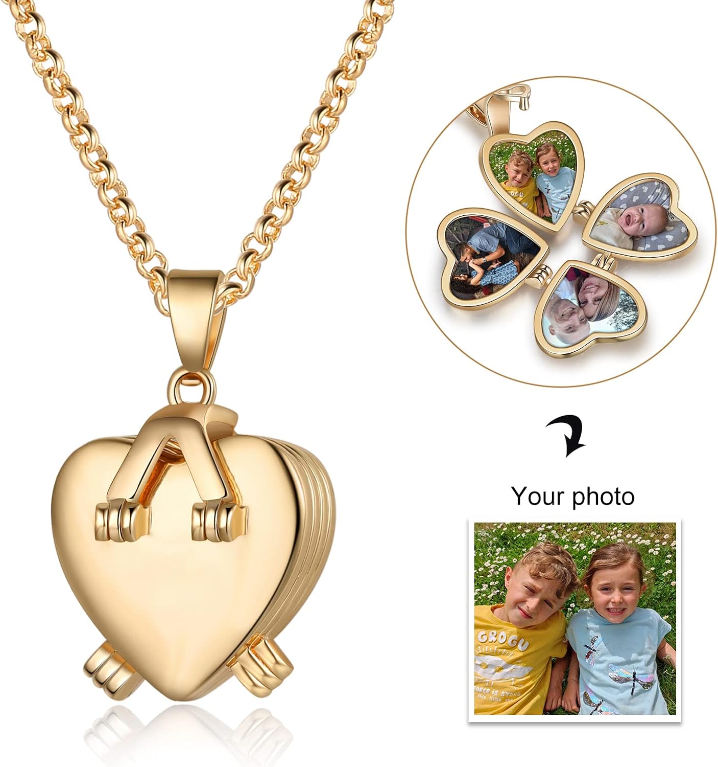 Jewelstruck Personalized Heart Locket Necklace, Gold Locket with Picture Custom for Women Mom Daughter Lucky Four Leaf Pendant Charms Vintage Gifts for Mom Wife Her Birthday Christmas