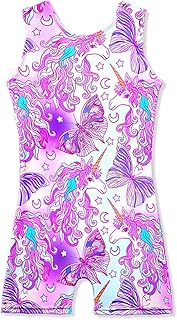 Leotards for Girls Gymnastics with Shorts Butterfly Unicorn Mermaid Dance Unitards Biketards Hotpink Black