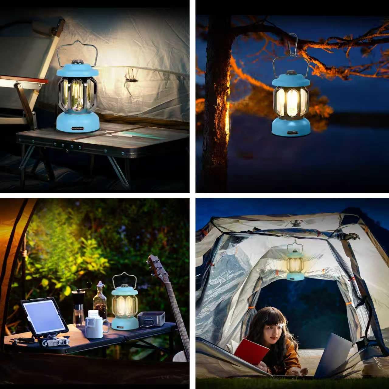 Rechargeable LED Camping Lanterns, Vintage Camping Lights Battery Operated, Portable Retro Metal Glamping Lights for Hiking, Hurricane, Decoration, Power outages, Blue, 1 Pack