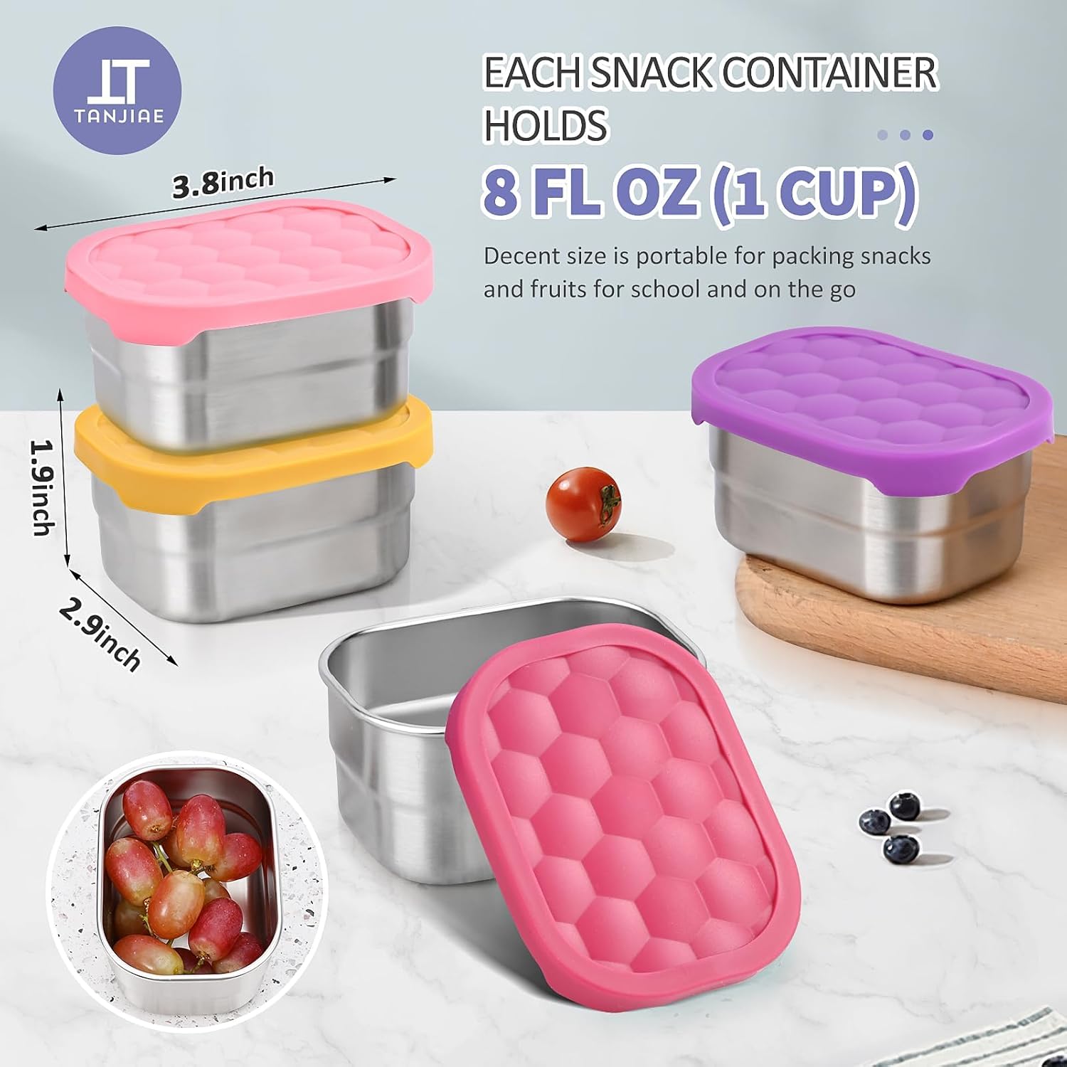 4Pack Small (1 CUP) 8oz Stainless Steel Snack Containers for Kids | Reusable Easy Open Toddler Snack Containers with Silicone Lids | Stackable Toddler Lunch Box for Daycare, School and Travel - Image 4