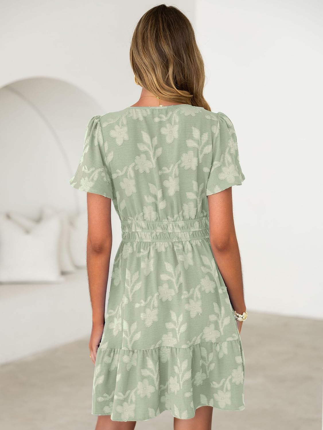 Simplee Womens Summer Floral Dress Casual Short Sleeve V Neck Empire Waist Boho Flowy A Line Mini Wedding Guest Dresses - Image 5