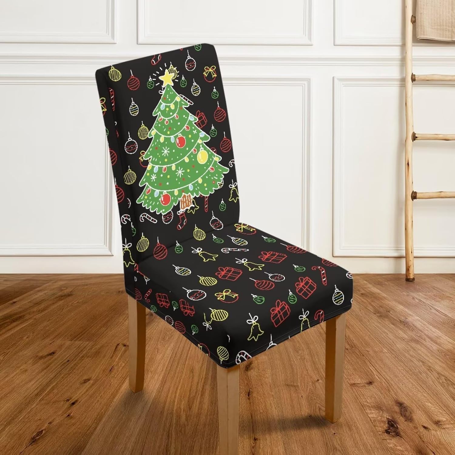 Rnyleeg Black Dining Seat Covers Christmas Tree Chair Covers for Dining Chairs 6 Pack Removable Washable Chair Protector Cover for Home Party Hotel Wedding Ceremony Holiday Decor