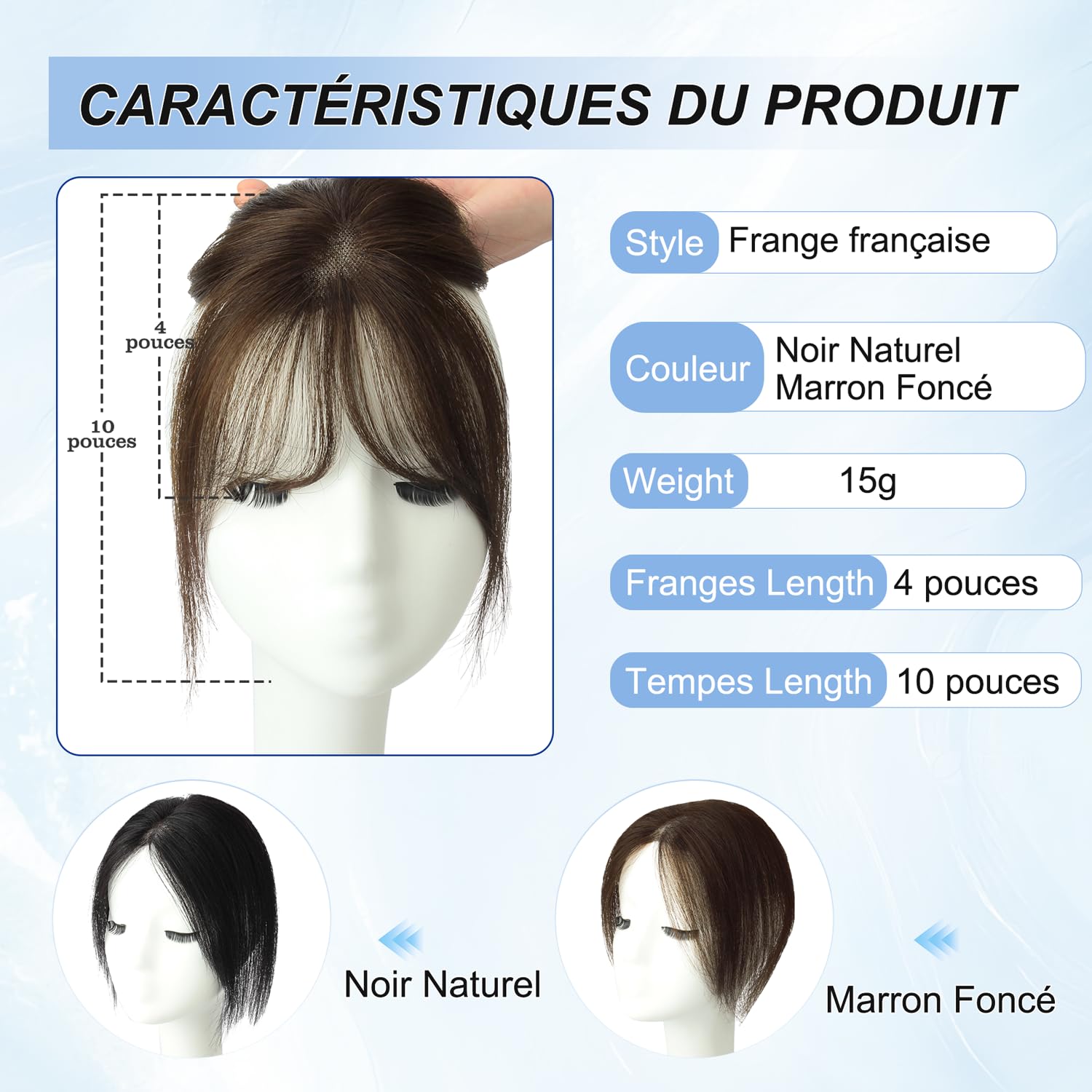 WORLDSTAR Postiche Cheveux Naturel,Frange Française à Clips,15g,10Pouces