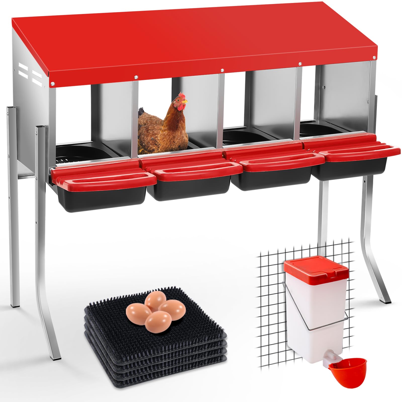 Chicken Nesting Boxes - 4 Hole Nesting Boxes for Laying Eggs, Adjustable Height Roll-away Nesting Boxes Chicken, Metal Nesting Boxwith Lid for Chickens Coops, Egg Collection