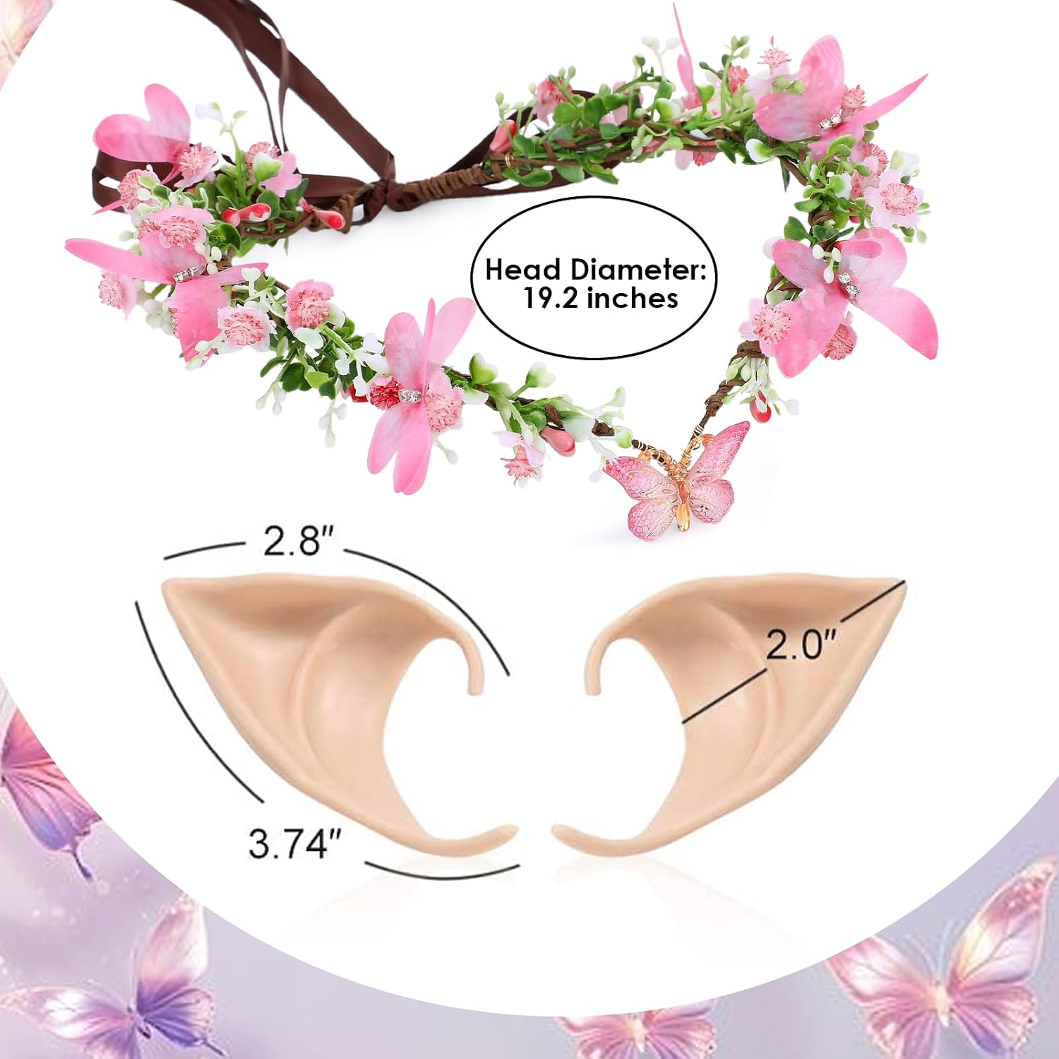 RENEMEGO Fairy Wings Set for Adult - 3 PCS Elf Ears Butterfly Wings Flower Crown for Adults Renaissance Halloween Accessories