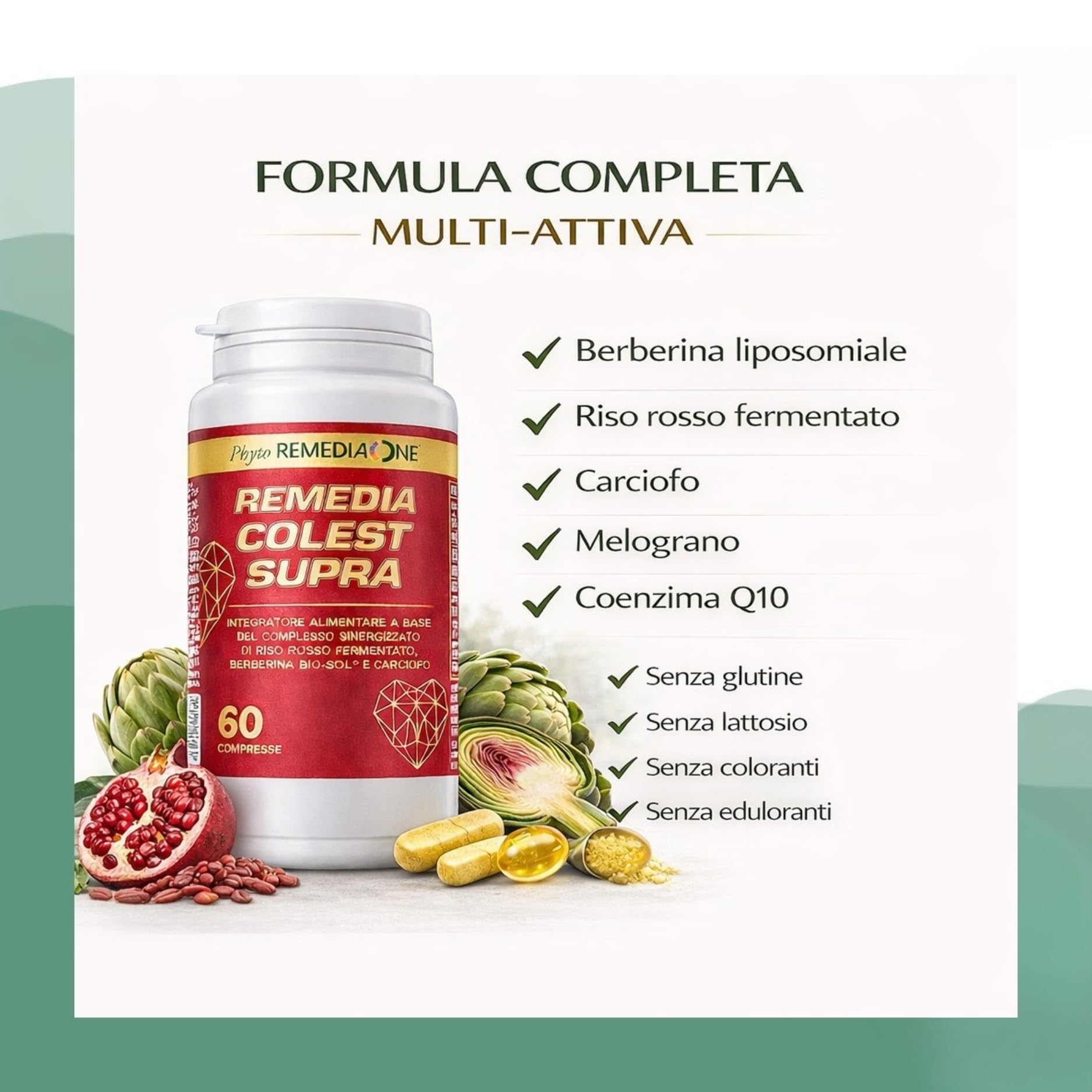 REMEDIA ONE Colest Supra - Integratore con Berberina Liposomiale e Riso Rosso Fermentato Colesterolo, Coenzima Q10, Carciofo, Melograno – 60 Compresse