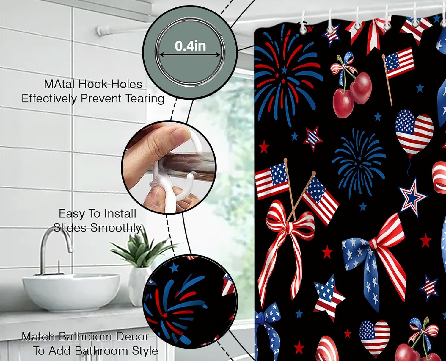 4th of July Shower Curtain 70" Wx96 H,Flag with Bows American Patriotic Independence Day Red Blue White Farbic Bathroom Decor with Hook