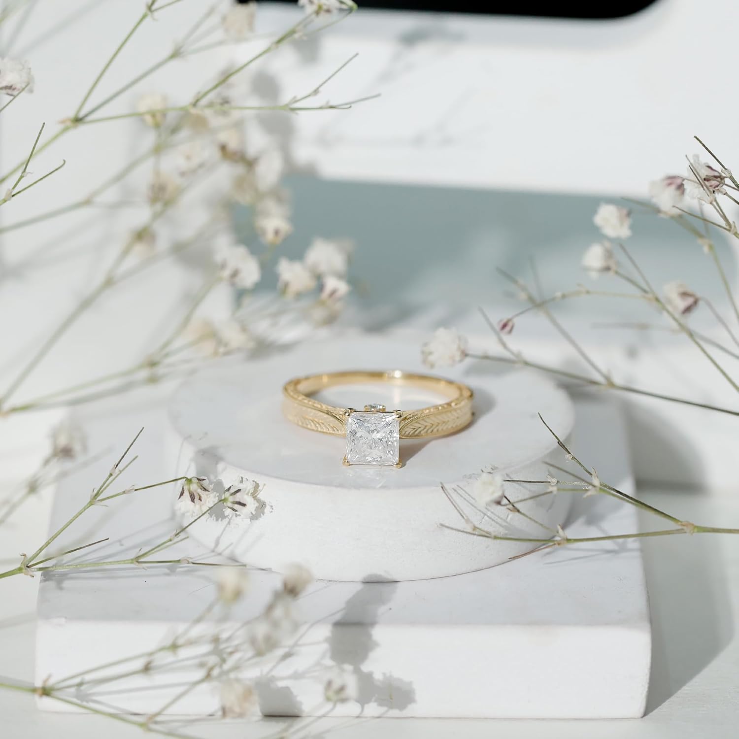 Certified 1 Carat Lab Grown Diamond Princess Cut Engagement Ring, Ef-Vs Quality, Vintage Inspired Diamond Engraved Ring