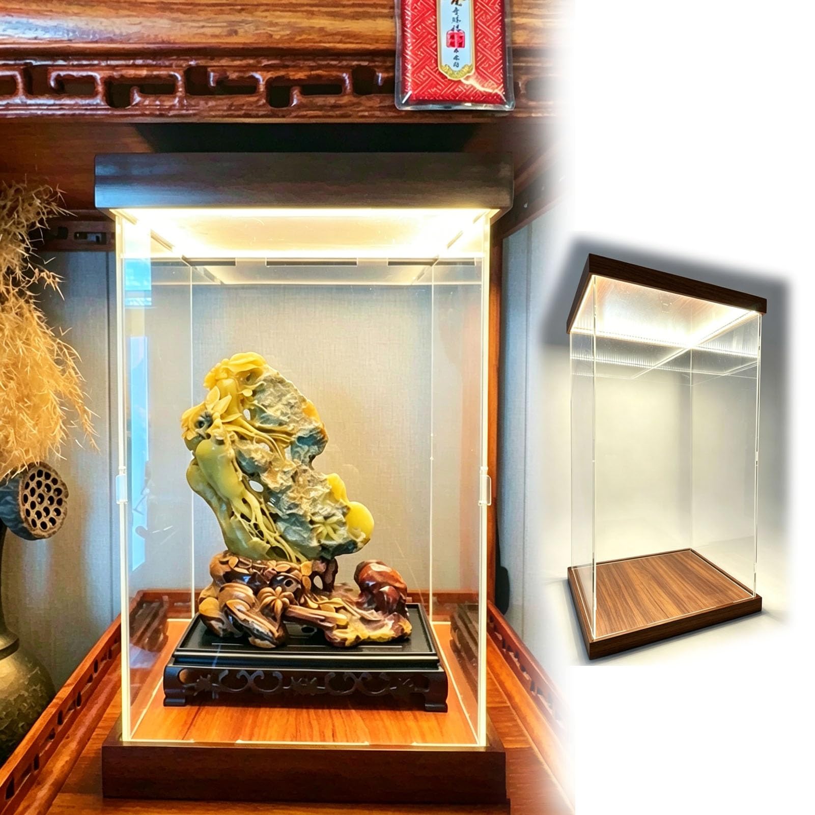 Vitrine acrylique transparente de 30x35x35cm avec un éclairage LED et socle en bois