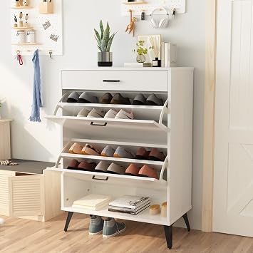 AWQM Shoe Cabinet, Wooden Freestanding Shoes Storage Cabinet with 2 Hidden FILP Drawers & Drawer Chest, Modern Narrow Shoe Organizer Cabinet for Entryway, Living Room, Hallway - White