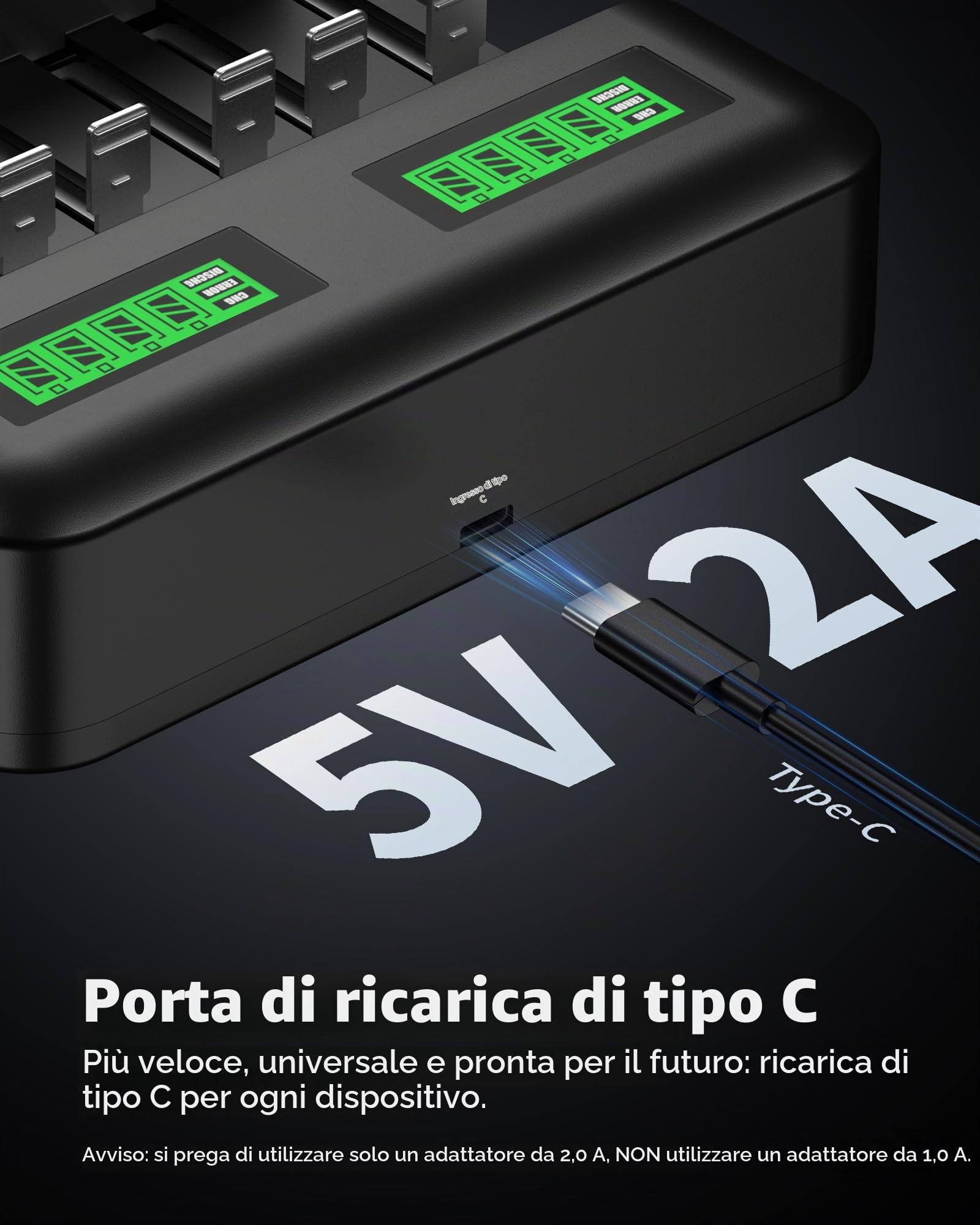 EBL Caricabatterie per batterie AA AAA C D NiMh, ingresso di tipo C, caricabatterie rapido, con display LCD