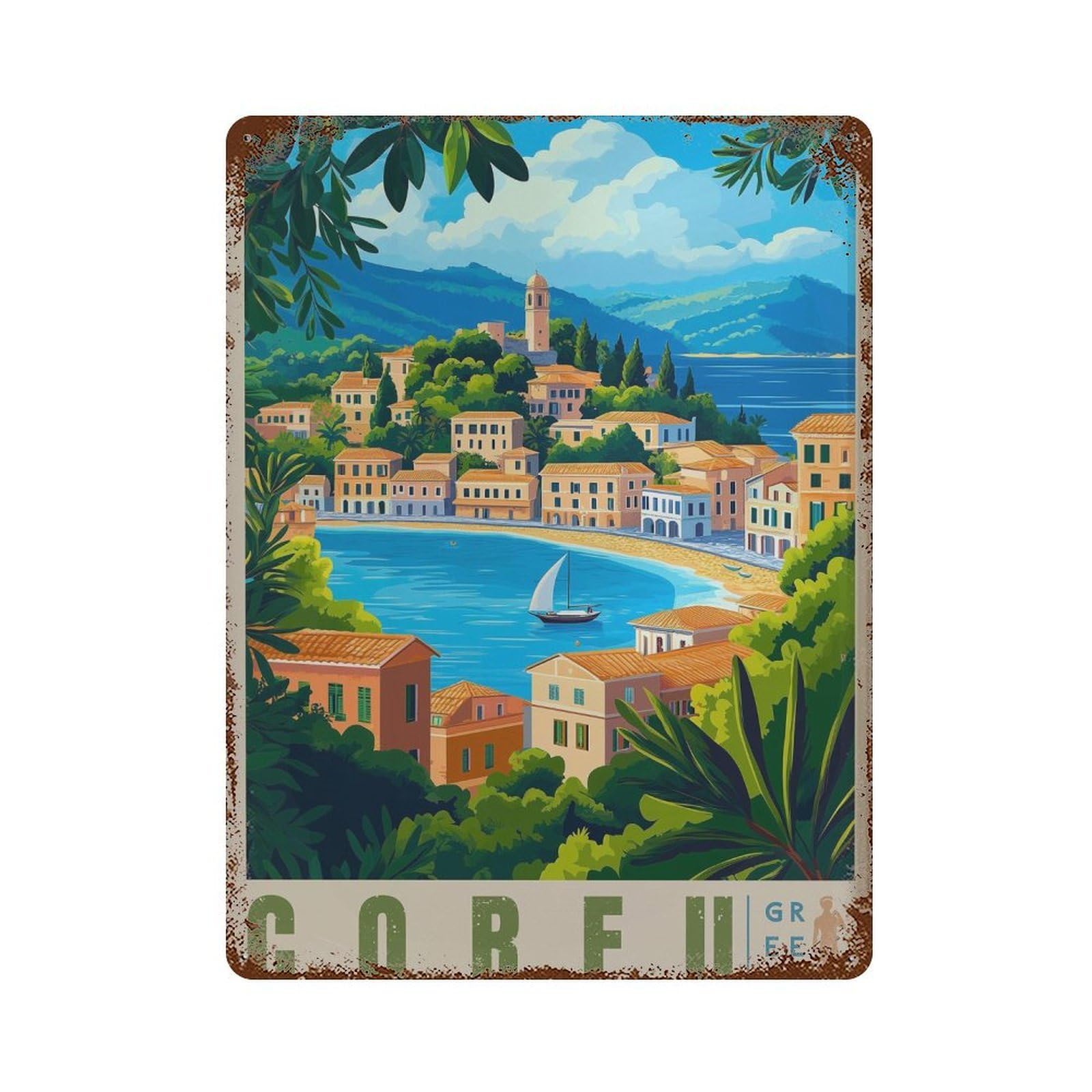 xiaoxiaoshen Corfu Greece Travel Mediterranean Island Wall Decor Art Metal Tin Poster Modern Home Decor Art Home Bar Shop Decorations Vintage Sign 40x30cm
