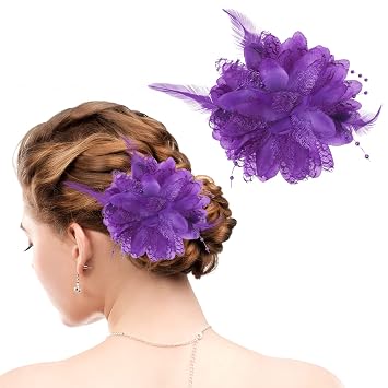 WLLHYF Purple Ladies Feather Flower Hair Clip,Elegant Hat Flower,Brooch Pin