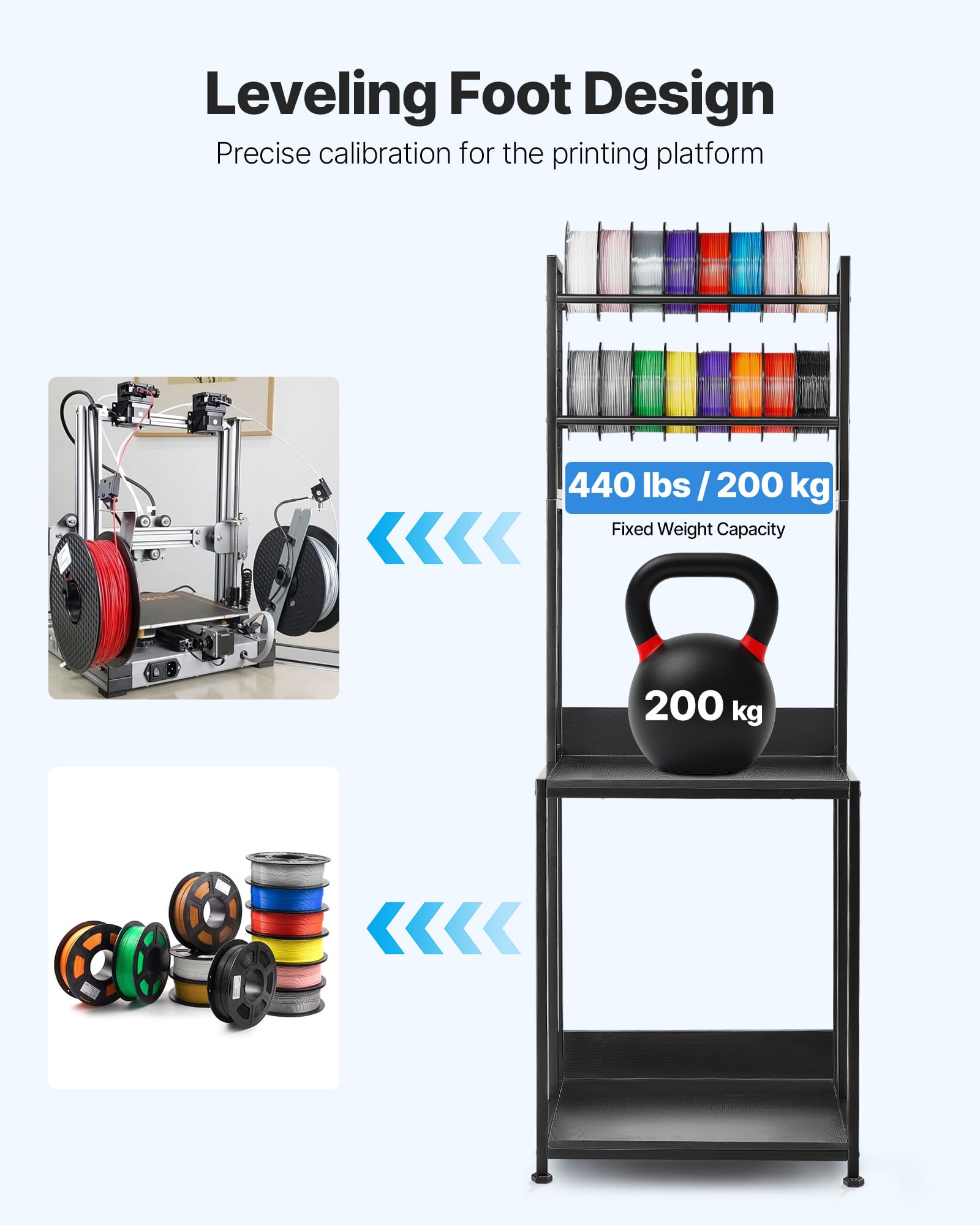VEVOR Stojak na filamenty 3D 600 x 600 x 1800/1820 mm, 4-poziomowy regał do drukarki 3D z pojemnikiem na filament i koła, do biura i warsztatu, czarny