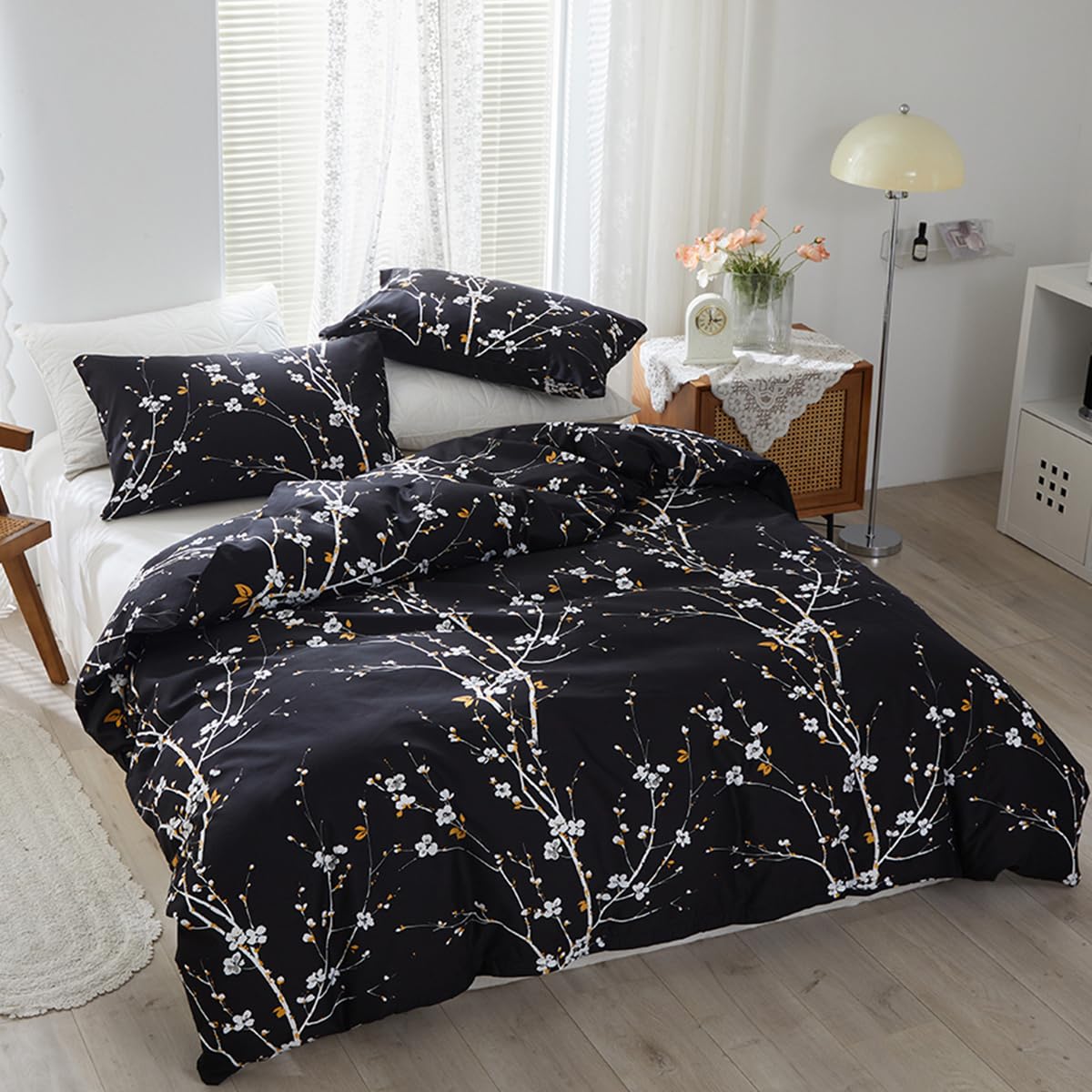 STYHO Black Duvet Cover Set Single Reversible Plum Blossom Floral Bedding Set including Pillowcase Soft Microfiber Botanical Flowers Duvet Set for All Seasons with Zipper Closure(Black - Image 2
